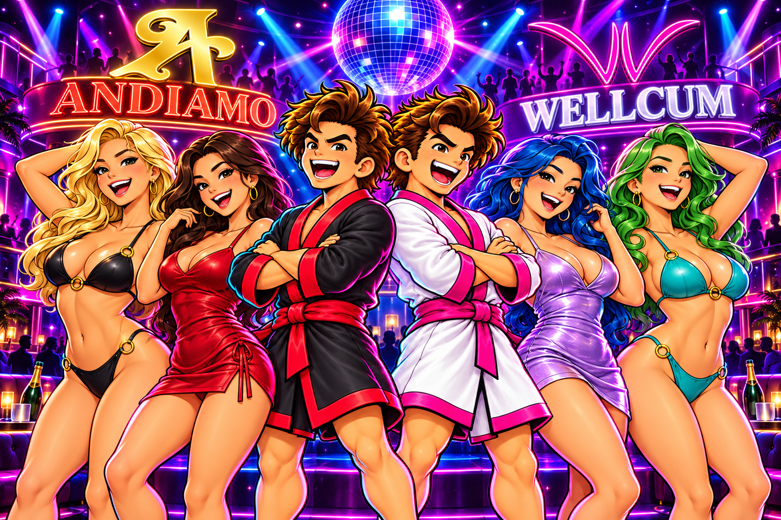 Andi in black and Welly in white, surrounded by four adult women with blonde, brunette, blue and green hair, under neon Andiamo and Wellcum signs